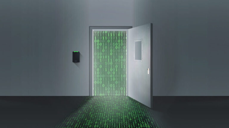 Secure doorway with keypad access and binary code projection on the floor.