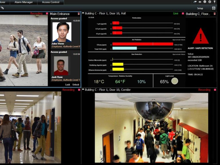 Security monitoring interface with live footage and access control details.
